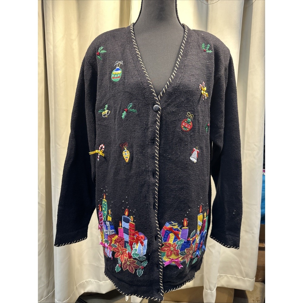Quacker Factory Women Size Med Christmas‎ Sweater Button Up Cardigan Retro